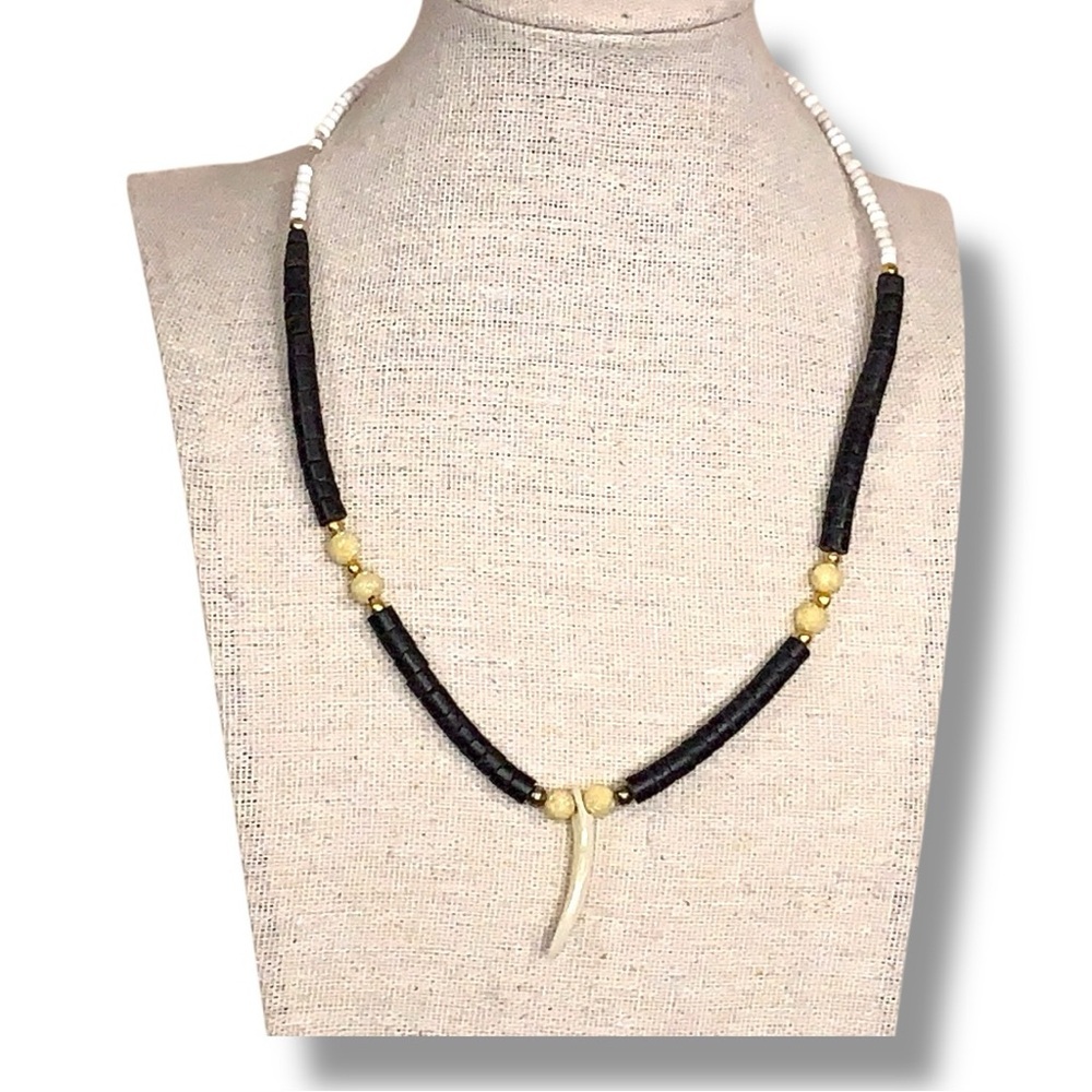 Vintage Horn Beaded Pendant Necklace Black Ivory Tribal Boho Bohemian